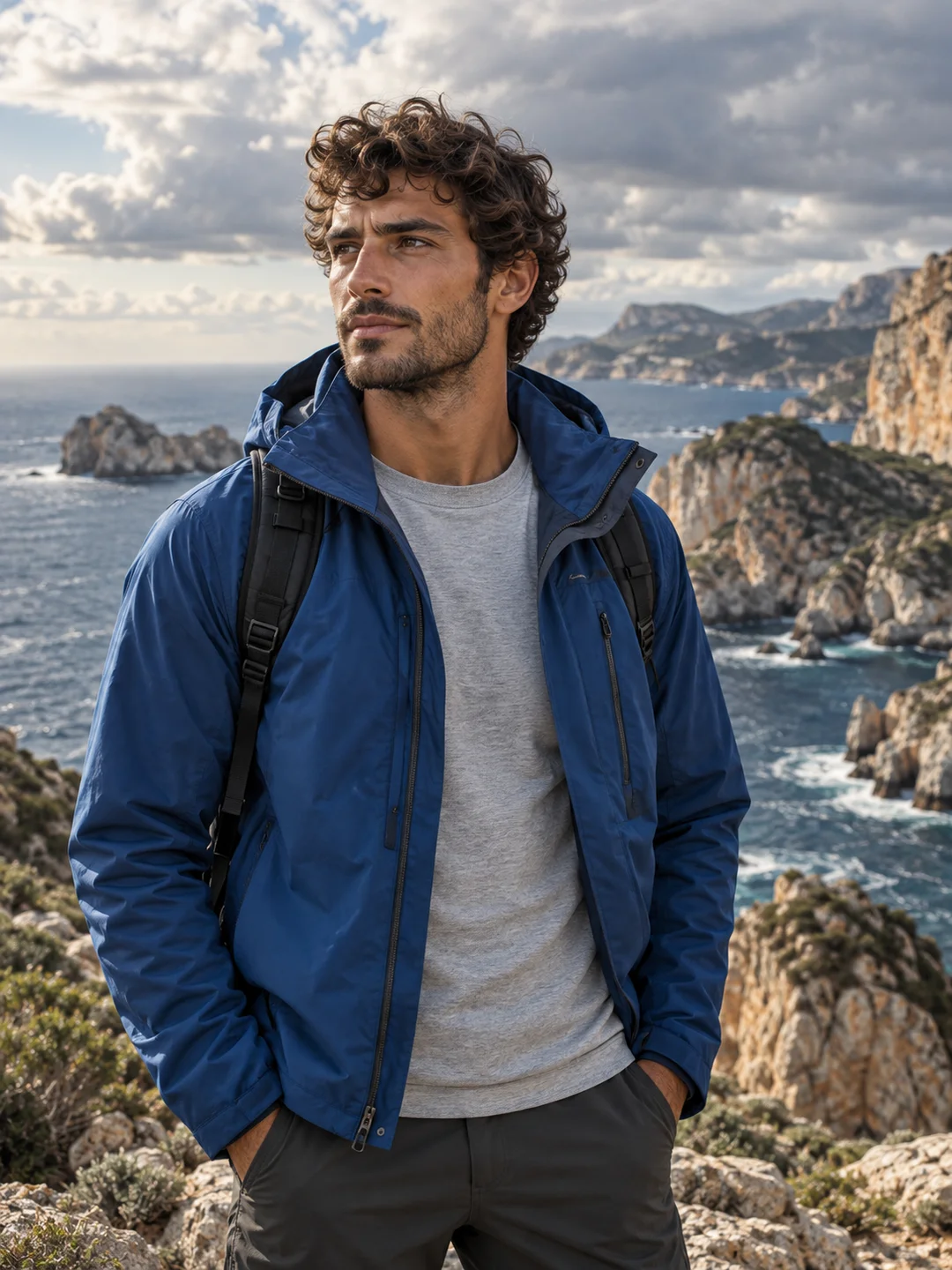 Fictional AI character Leo wearing a blue outdoor jacket on a rocky coast