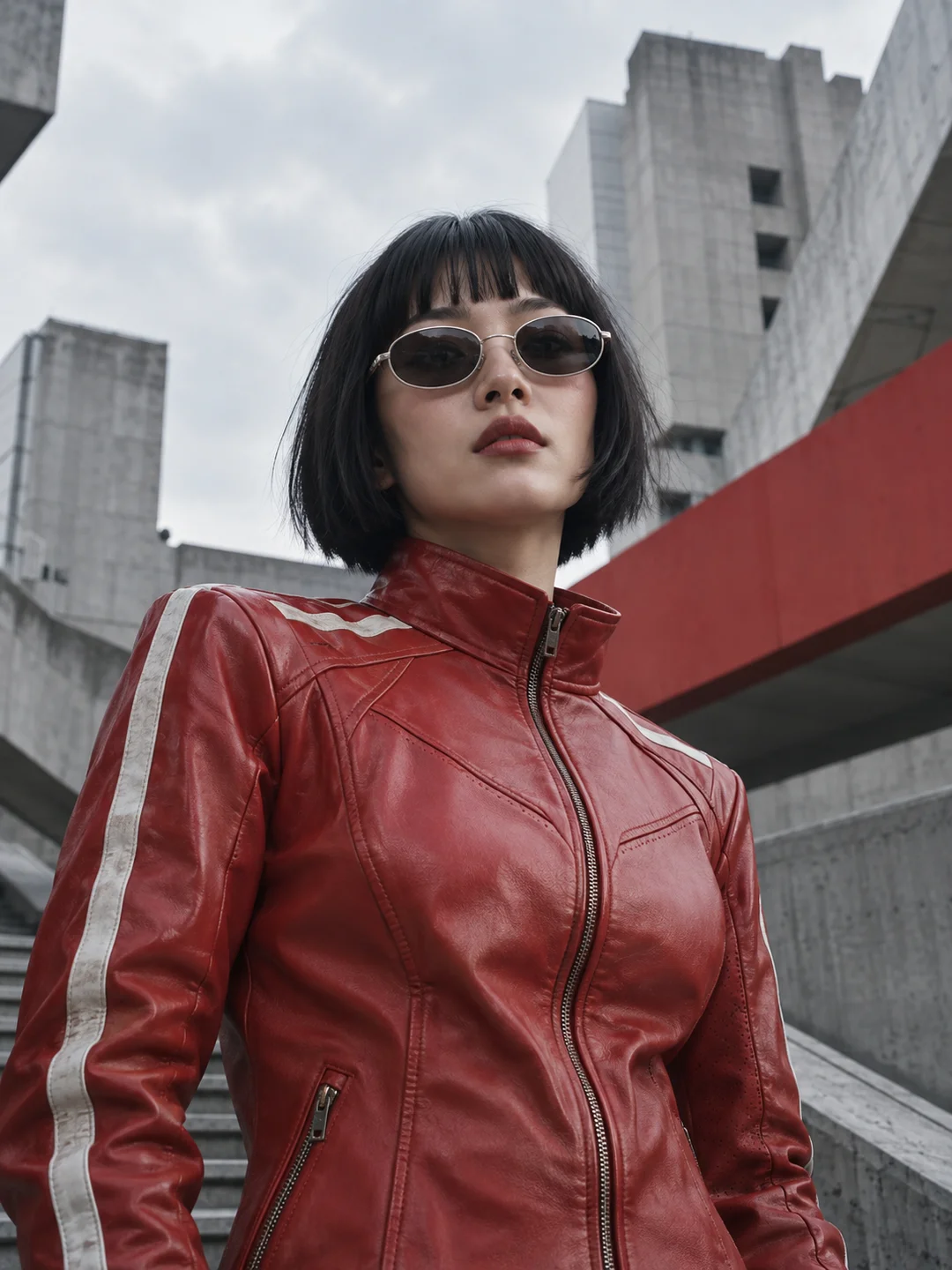 Fictional AI character Mika wearing a red jacket and silver sunglasses in a concrete cityscape