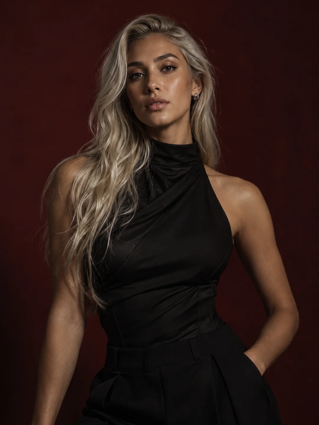 Fictional AI character Nova with silver-blonde hair in a black sculptural top against a burgundy backdrop